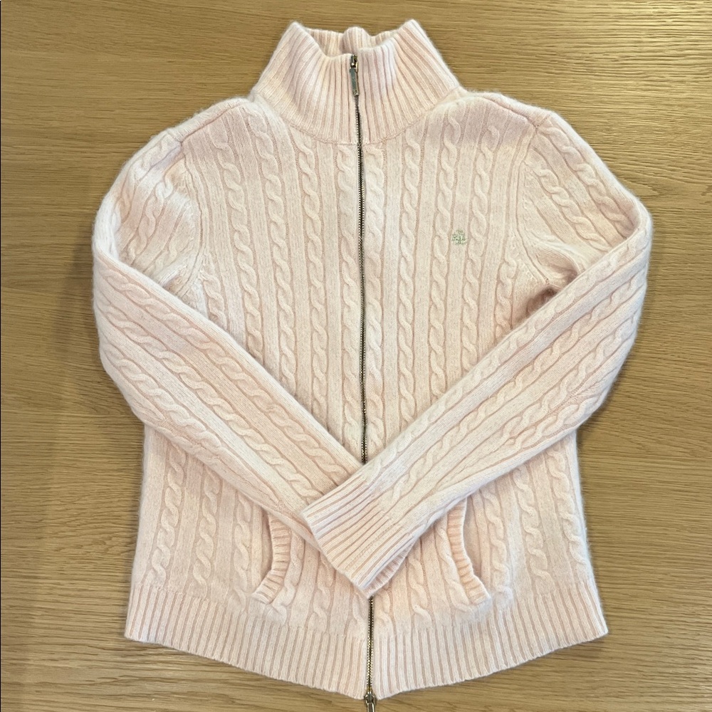 Vintage Y2K Ralph Lauren 100% Cashmere Cableknit Zip Up Sweater Baby Pink